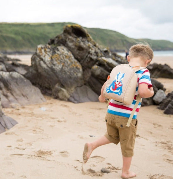 Boy playing on the beach with the badger toddler pod on his back