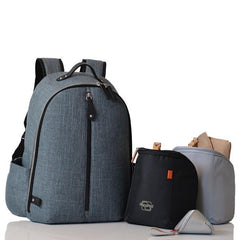 Picos slate backpack with the two pods to the side of it and the mini pod in front