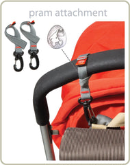 Pram clips in place on a pram to show an example of how they hang